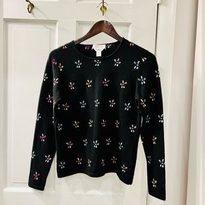 Talbots | Black Floral Cashmere Scoop Neck Sweater - Size Petite Small - EUC